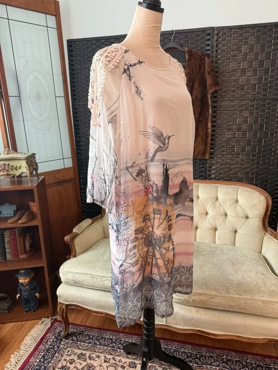 🐦 NWT Cream Addie Dress Chalk Print Lace Shoulder Sheer Boho Tunic EU 36 - Picture 7 of 14